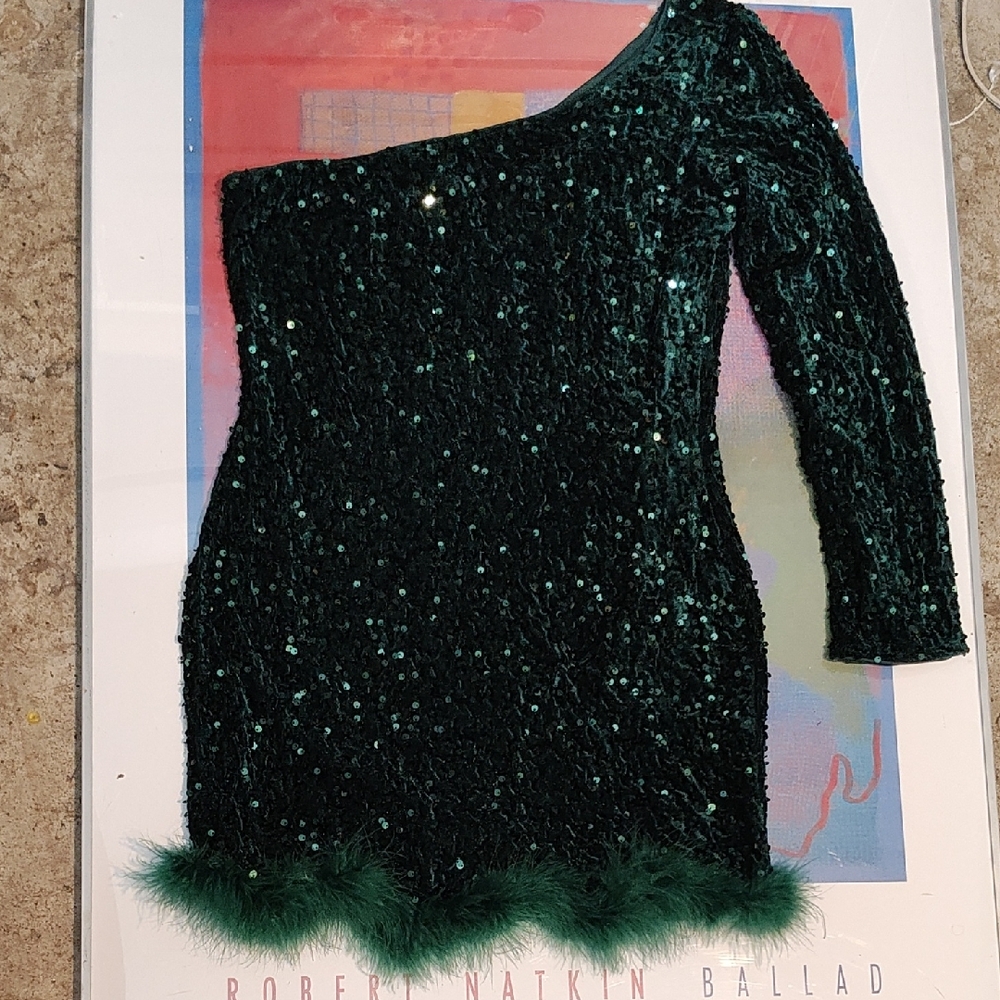 Dreamy One-Shoulder Sequin Dress with Feather Trim Forest Green